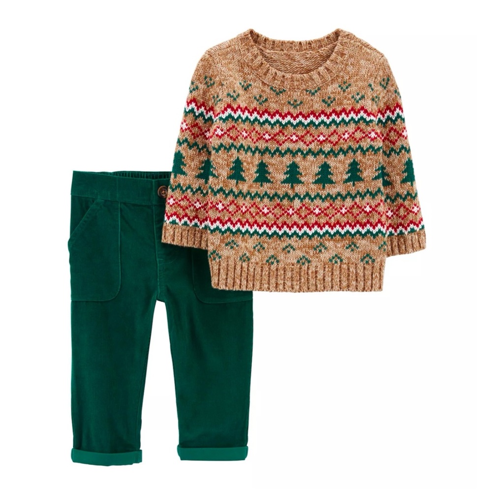 Carter's Tan & Green Fair Isle Sweater Set
